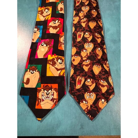 Lot of 2 Vintage Looney Tunes Taz Silk Neckties – Tasmanian Devil Cartoon Print - Picture 1 of 13